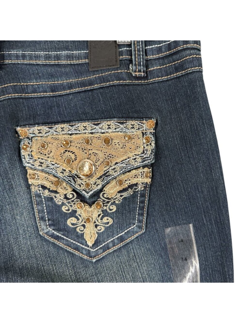Grace In LA Jeans Womens 14 36 x 33 Blue Gold Embellished Stone Wash NWT Embroid - Picture 7 of 16